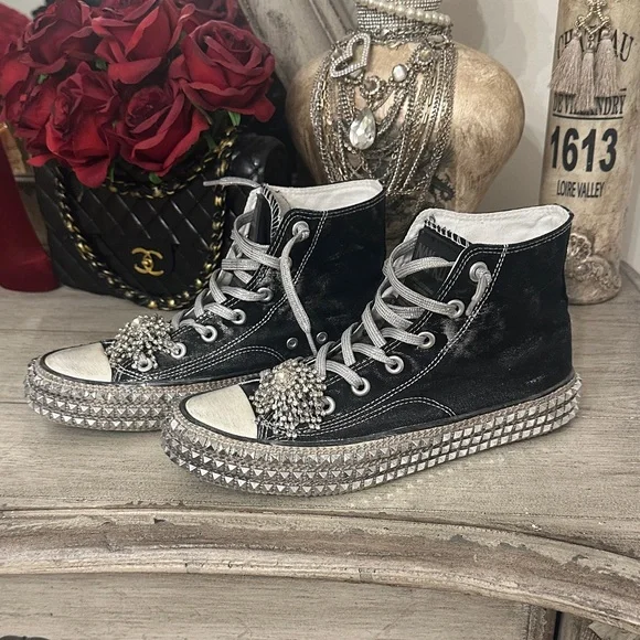 NAN-KU Black High-Top Crystal-Embellished Sneakers - Picture 1 of 9